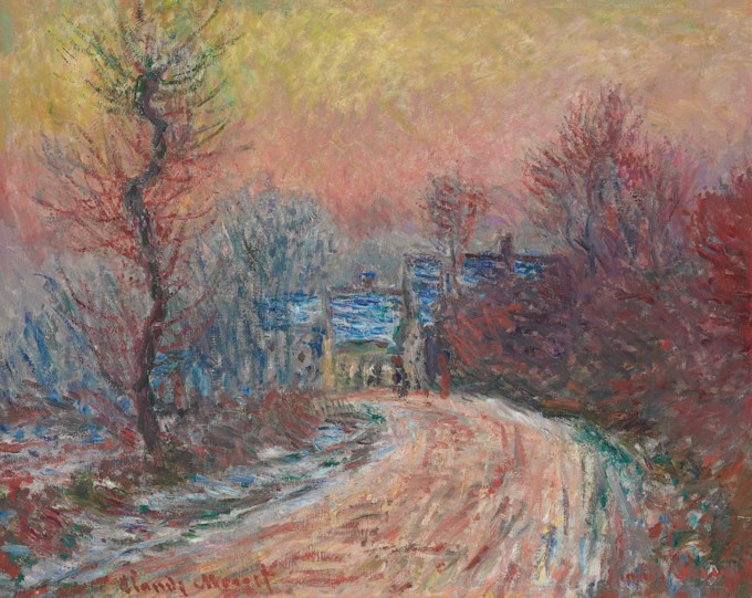 Entrée de Giverny en hiver, soleil couchant