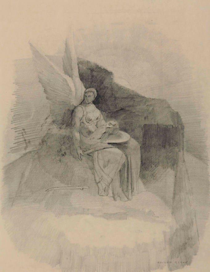 Figure ailée portant une tête sur un plateau