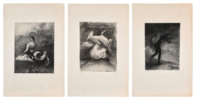 La sirène sortie des flots, vêtue de dards (i); L’aile impuissante n’éleva point la bête en ces noirs espaces (ii); Et l’homme parut, interrogeant le sol d’où il sort et qui l’attire, il se fraya la voie vers des sombres clartés (iii); planches issues de l’album Les Origines